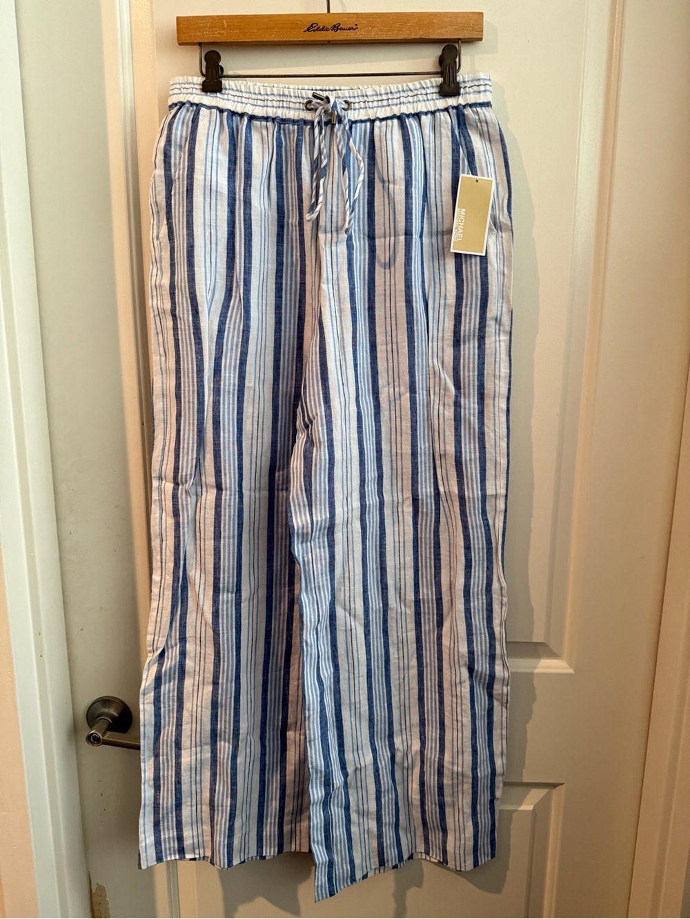 Michael Kors Blue and White Striped Linen-Blend Pants